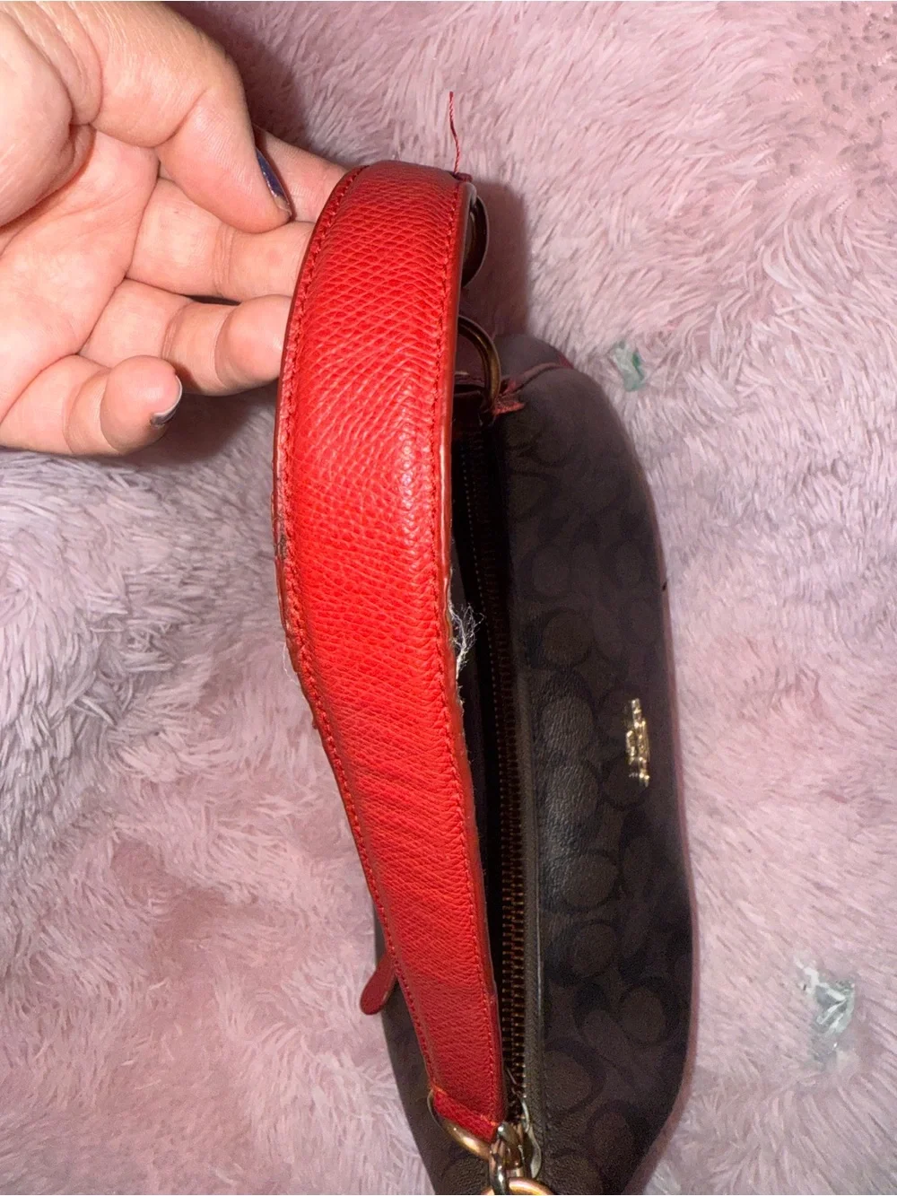 Coach Brown Signature Shoulder Bag with Red Trim